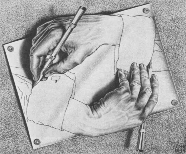 MC Escher drawing with hands drawing
