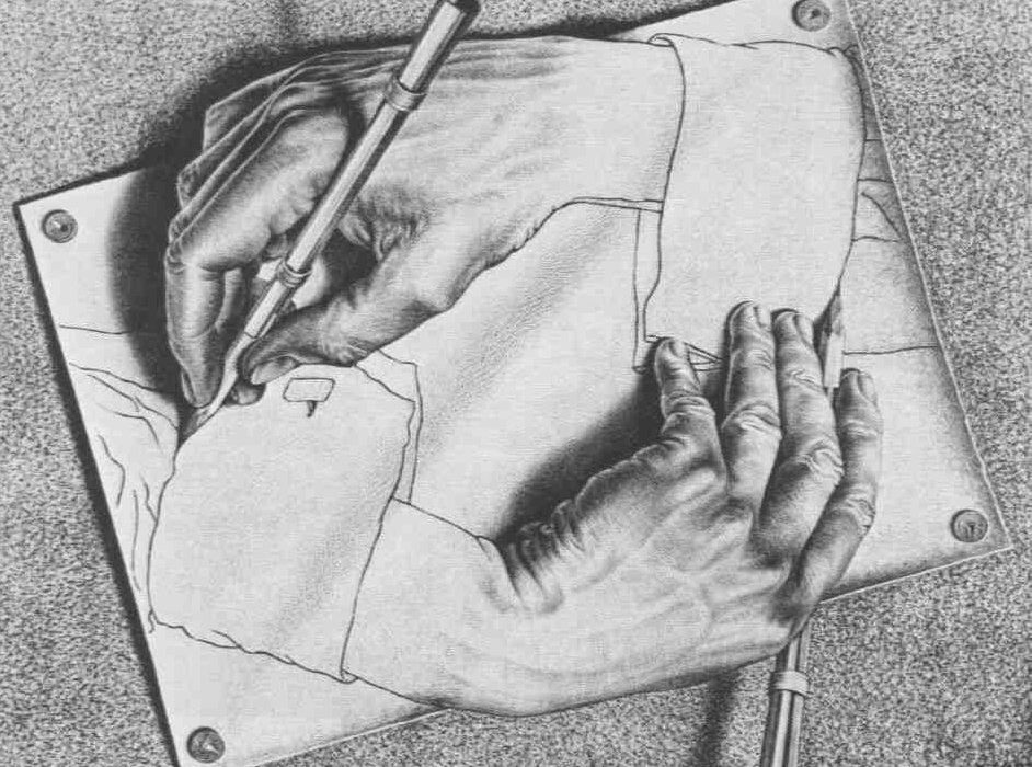 MC Escher drawing with hands drawing