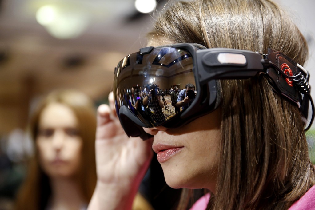 Woman wearing virtual reality goggles