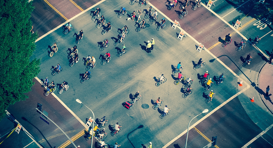Overhead view of people on bikes