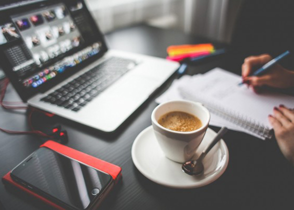 Computer, coffee, phone